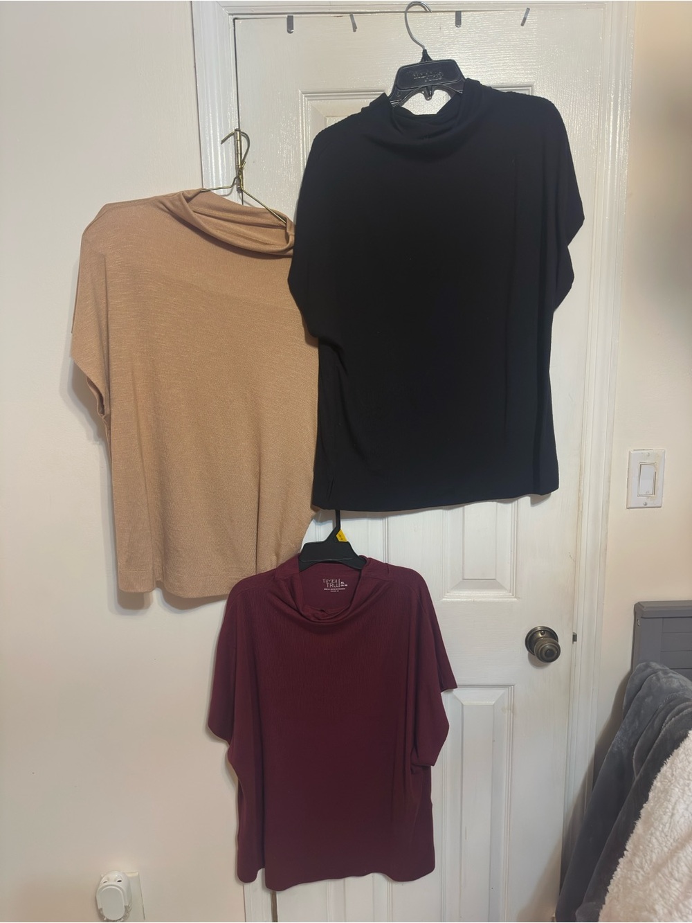 Time and Tru Short Sleeve Mock Neck Top Trio - Black, Tan, Burgundy